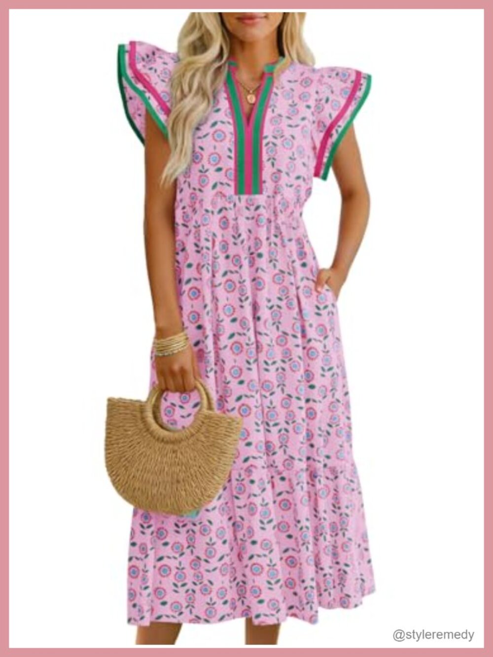 Womens Summer Floral Midi Dress Cap Sleeve V Neck A Line Casual Sundress